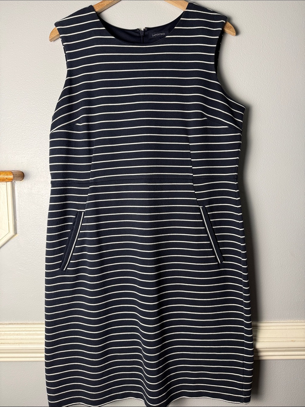 Lands' End Navy and White Striped Sleeveless Shift Dress
